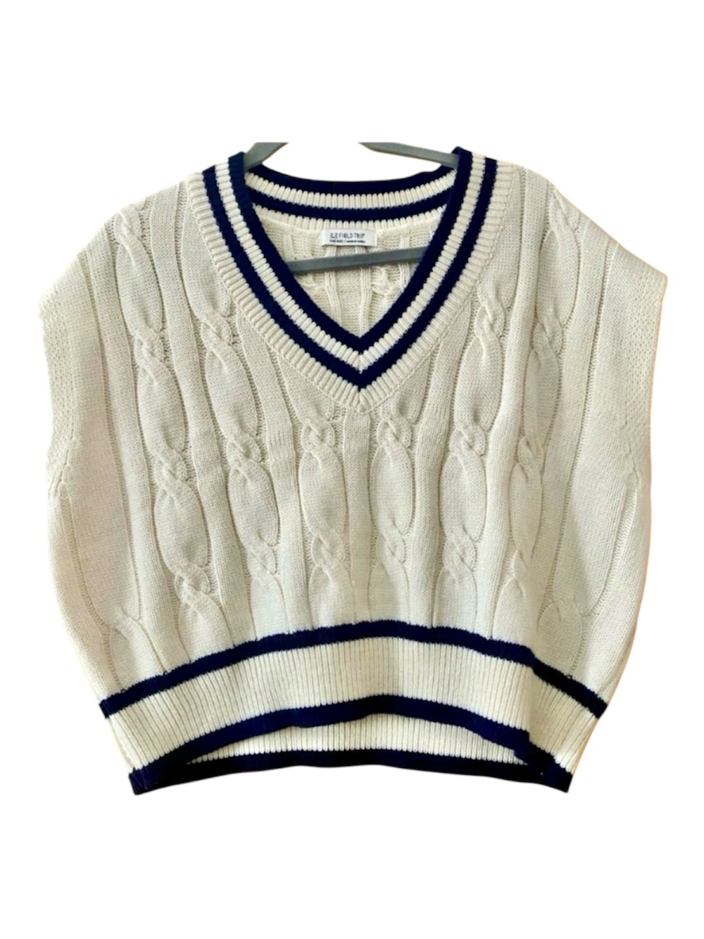 3.3 Field Trip Cable Knit Sweater Vest Cream Navy One Size Preppy Varsity